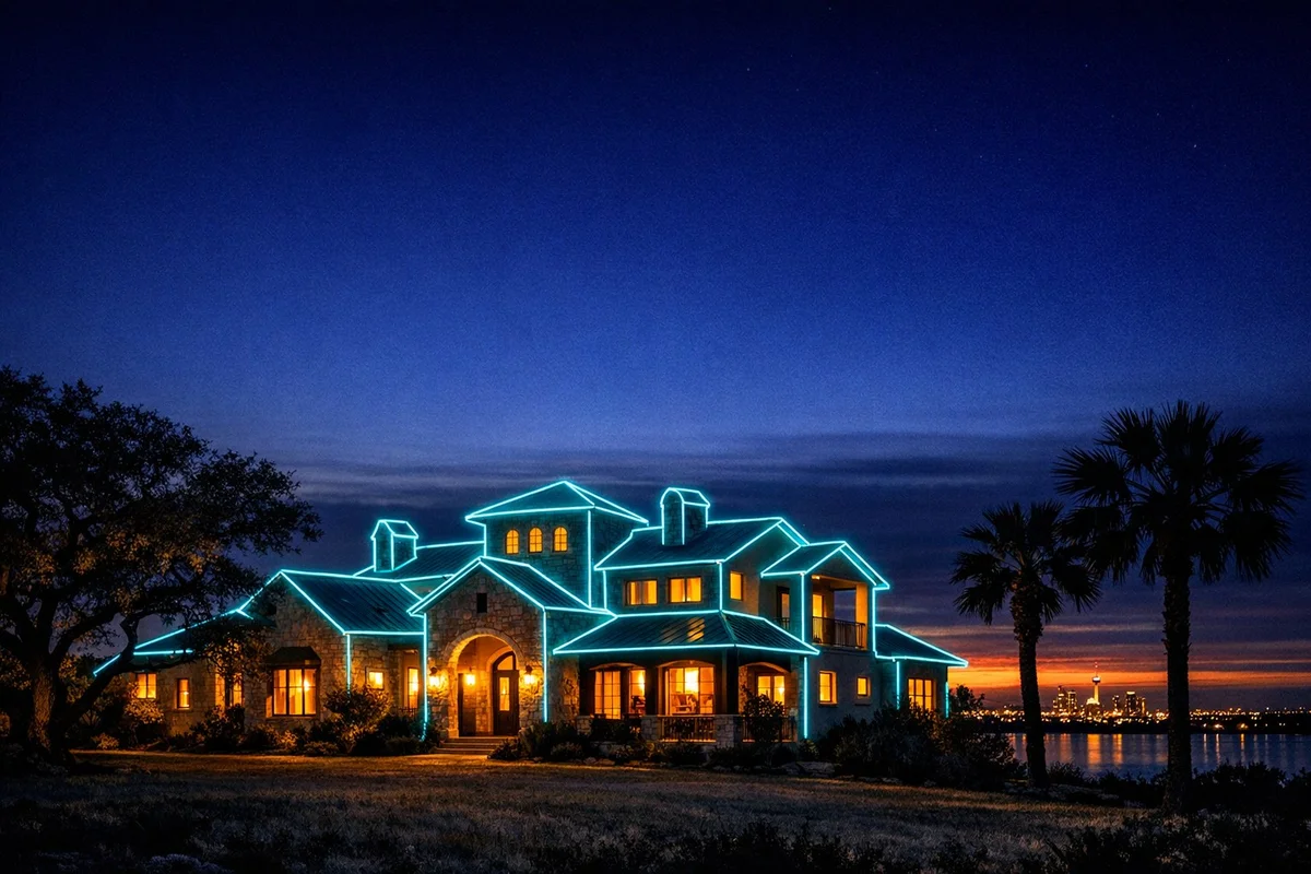 A Hill Country stone home lit up at dusk with the San Antonio skyline behind it, illustrating how much house you can afford in Bexar County